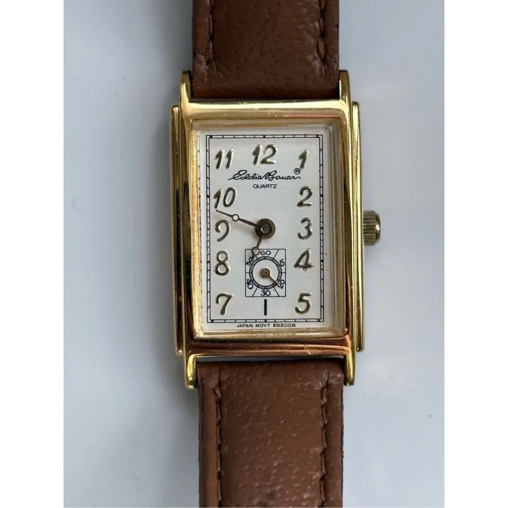 1980s Eddie Bauer For Gruen Tank Watch Leather Strap Vintage Wristwatch - Picture 2 of 8